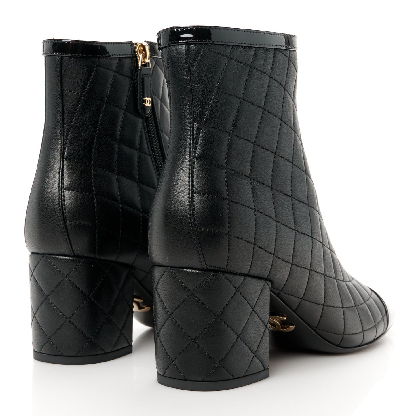 Lambskin Quilted Patent Cap Toe CC Booties 38 Black