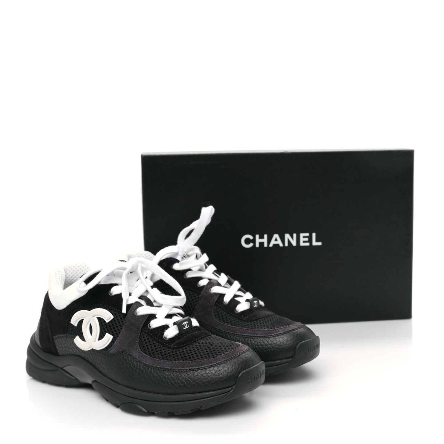 Mesh Suede Grained Calfskin Womens CC Sneakers 38.5 Black White