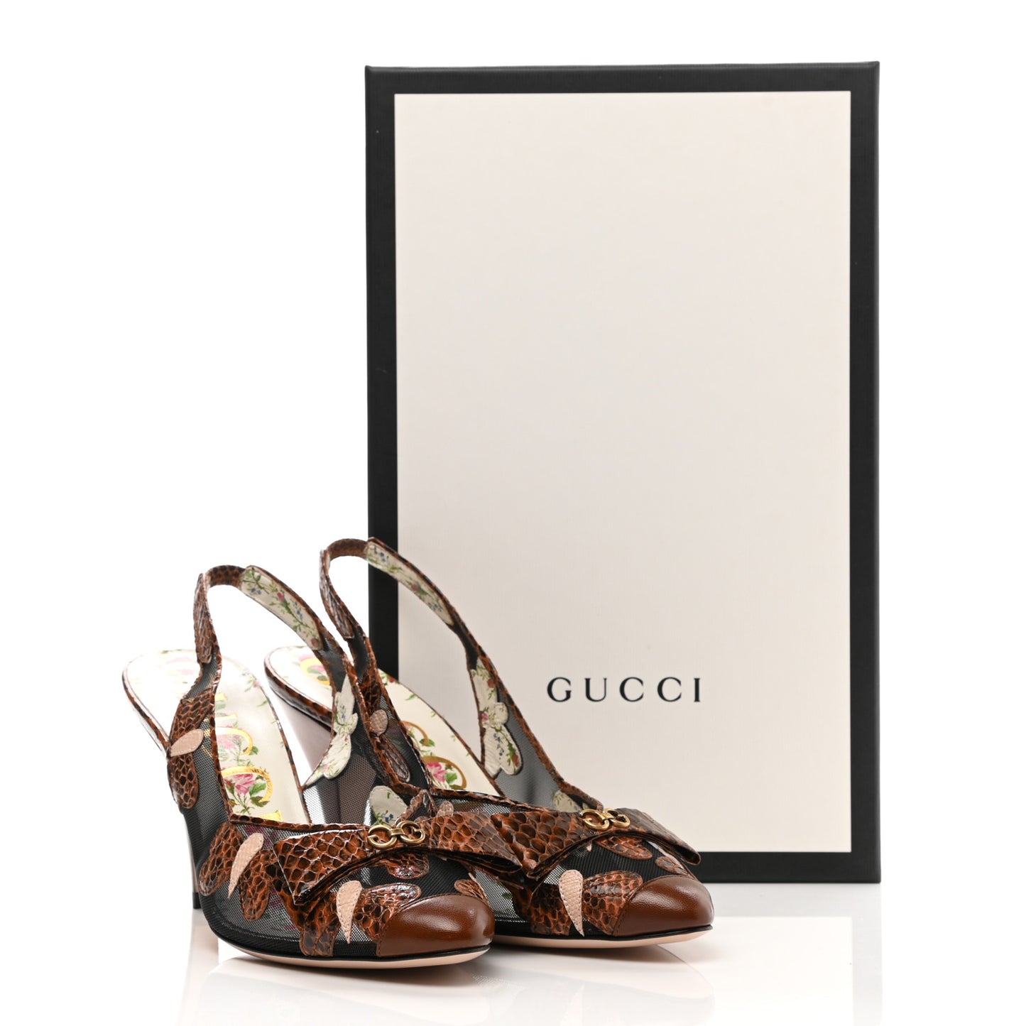 Malaga Kid Elaphe Lizard Butterflies Mid-Heel Slingback Pumps 37.5 Bright Cuir Black Soft Pink