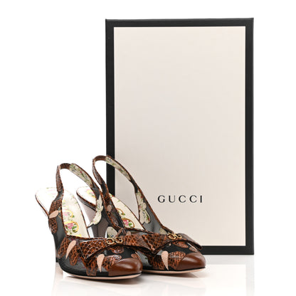 Gucci Malaga Kid Elaphe Lizard Butterflies Mid-Heel Slingback Pumps 37.5 Bright Cuir Black Soft Pink 8 of 8