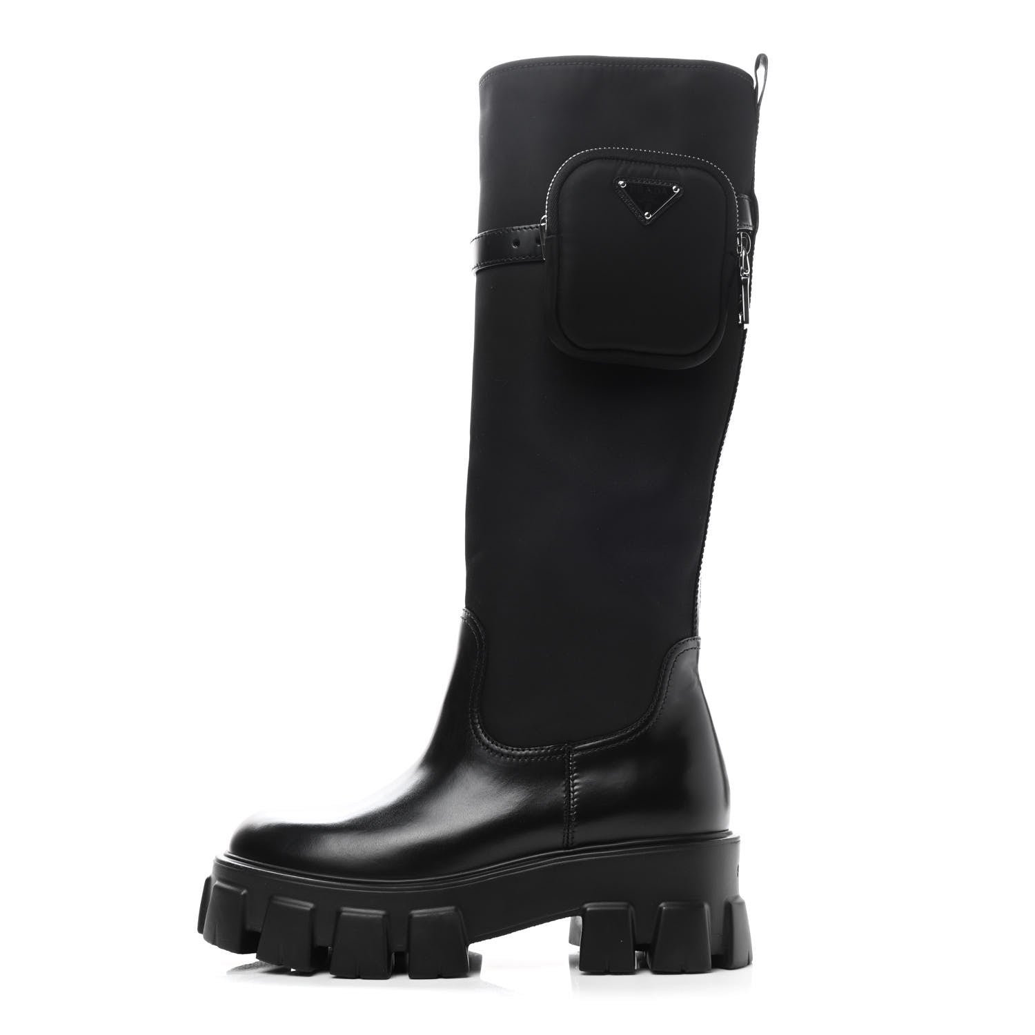 Prada Spazzolato Rois Re-Nylon Metal Triangle Logo Monolith Pouch Pocket 55mm Tall Boots 38 Black 1 of 5