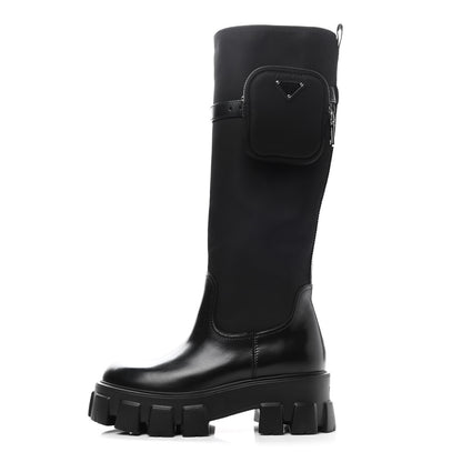 Prada Spazzolato Rois Re-Nylon Metal Triangle Logo Monolith Pouch Pocket 55mm Tall Boots 38 Black 1 of 5