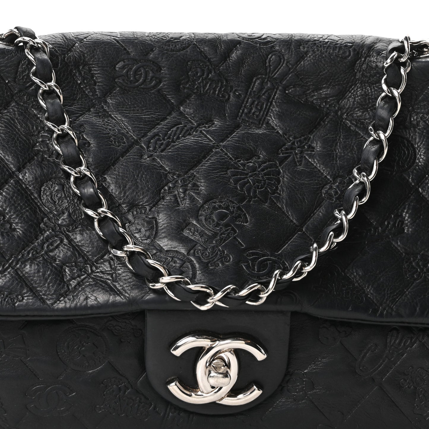 Calfskin Embossed Large Lucky Symbols Flap Black