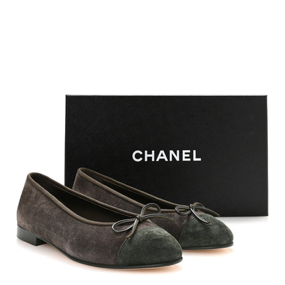 Chanel Suede Calfskin Cap Toe CC Ballerina Flats 37.5 Dark Khaki Dark Green 9 of 9