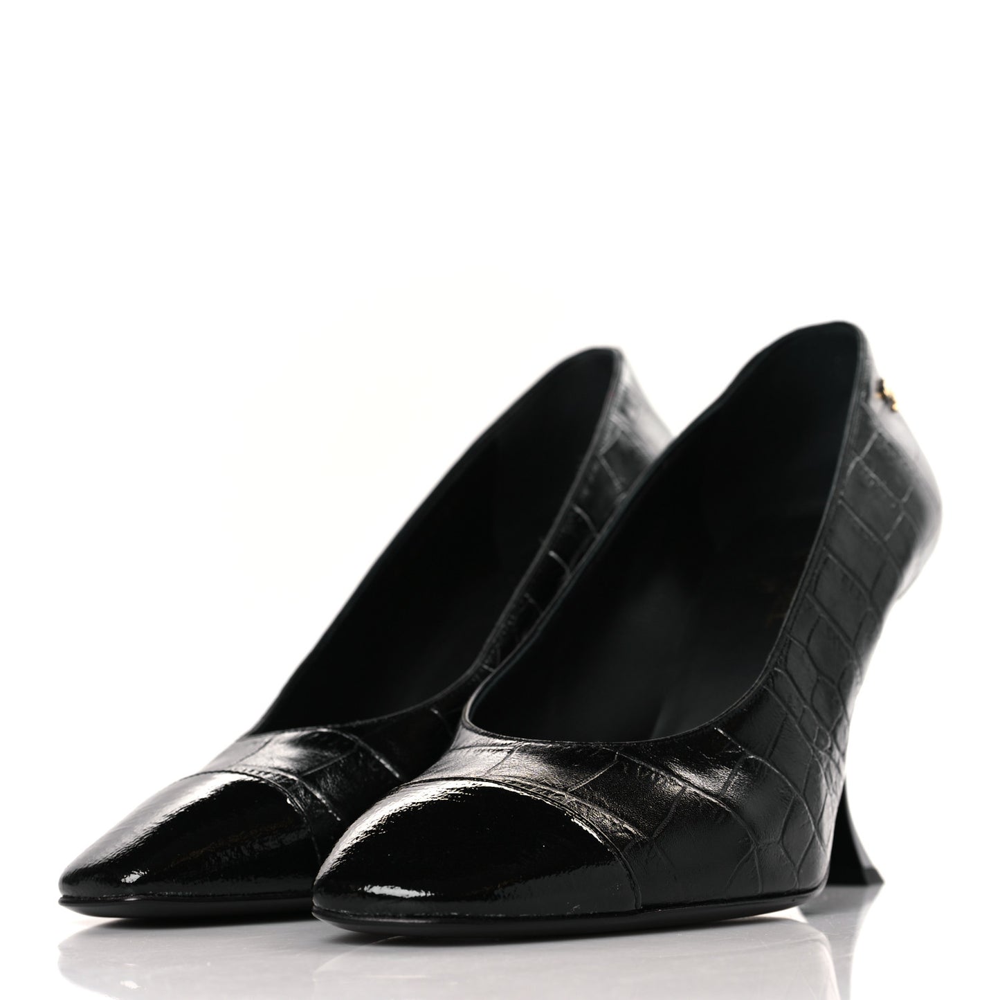 Crocodile Embossed Crumpled Patent Cap Toe Pumps 39 Black