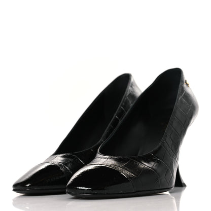 Chanel Crocodile Embossed Crumpled Patent Cap Toe Pumps 39 Black 3 of 10
