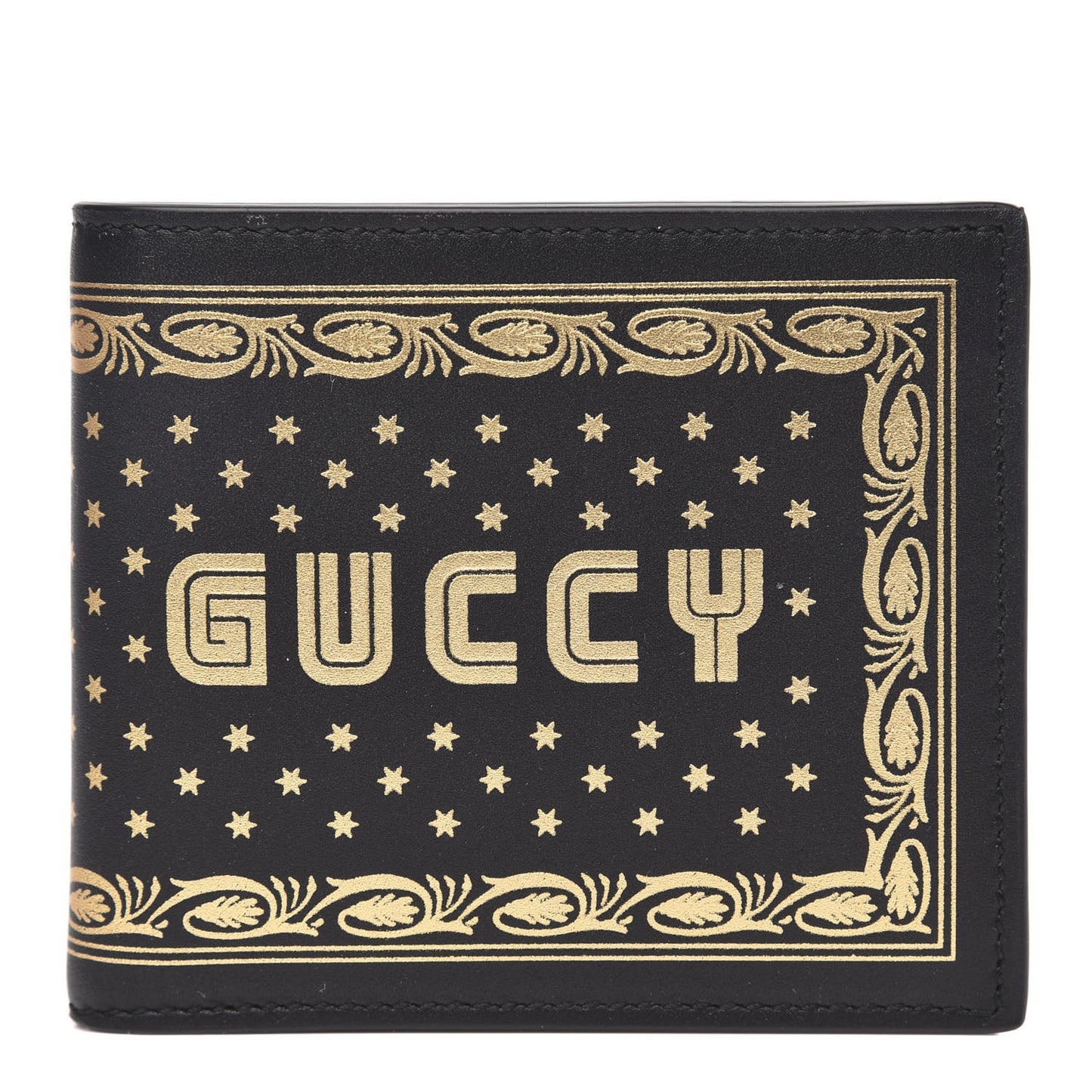 X SEGA Calfskin GUCCY Stars Bi-Fold Wallet Black Gold