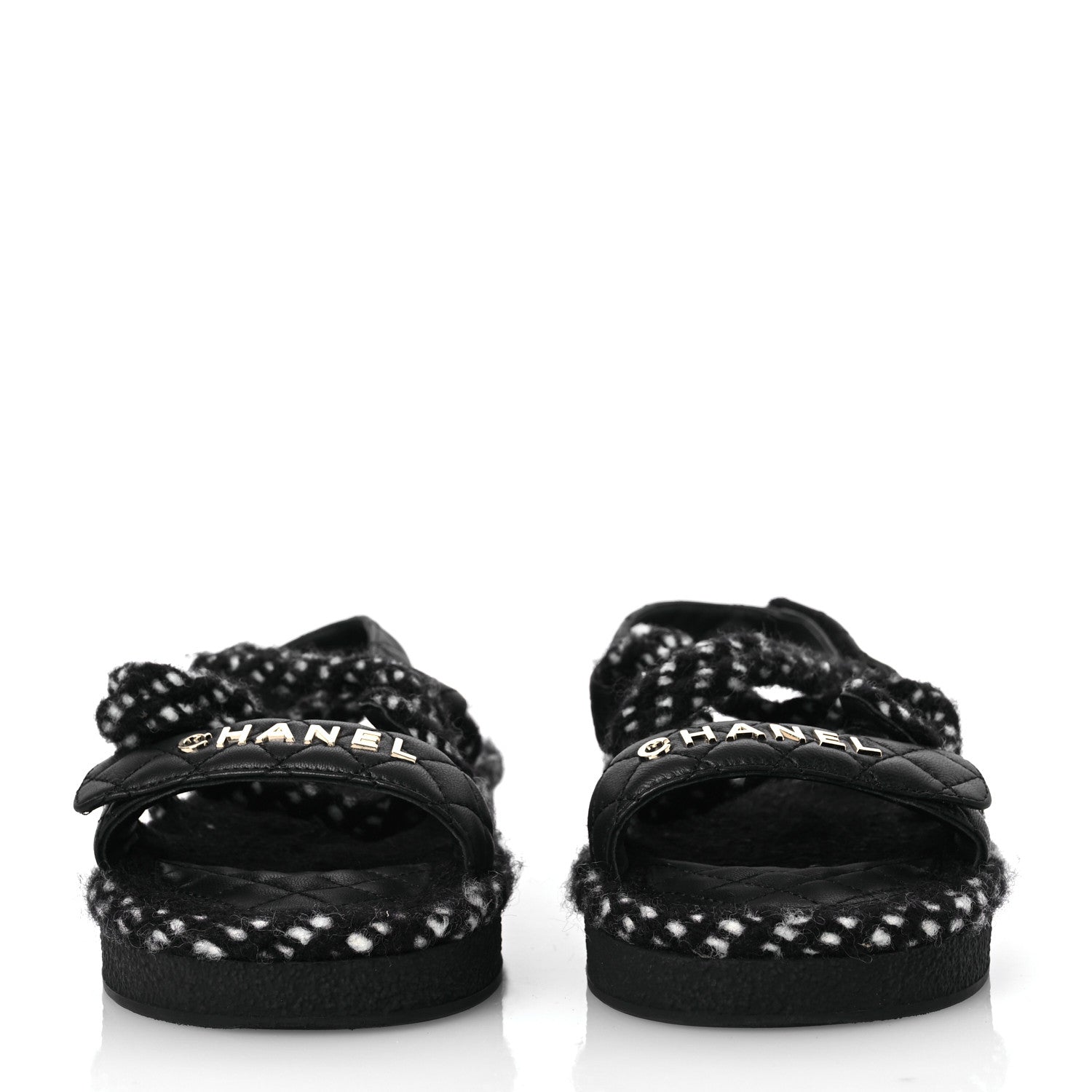 Chanel Cord Lambskin Quilted Logo Sandals 37 Black White 3 of 14