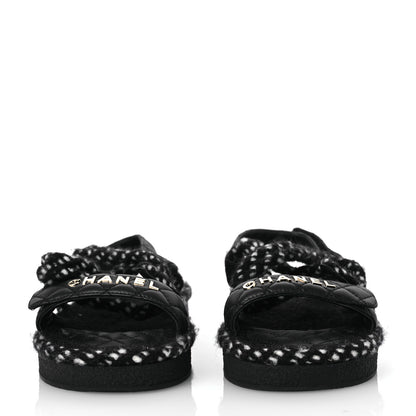 Chanel Cord Lambskin Quilted Logo Sandals 37 Black White 3 of 14