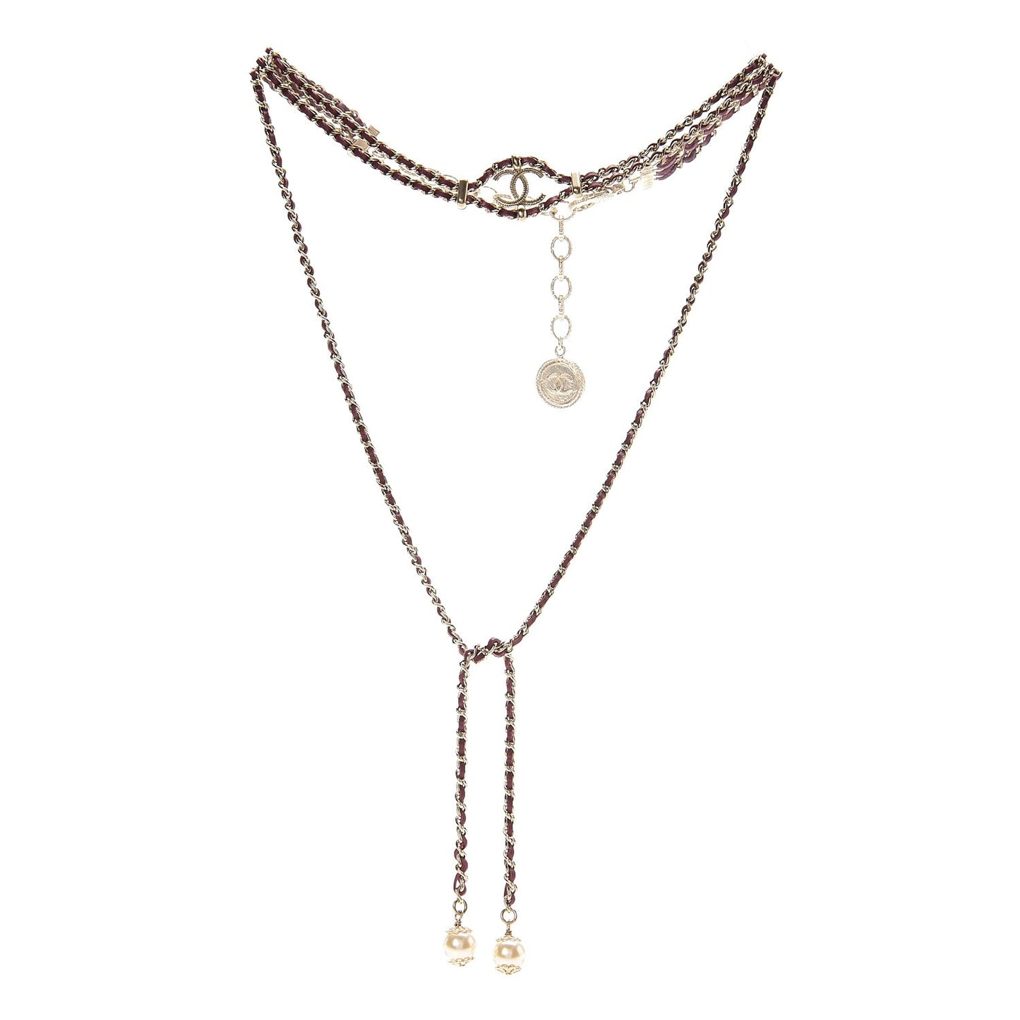 Calfskin Metal Pearl CC Long Chain Necklace Dark Pink Gold