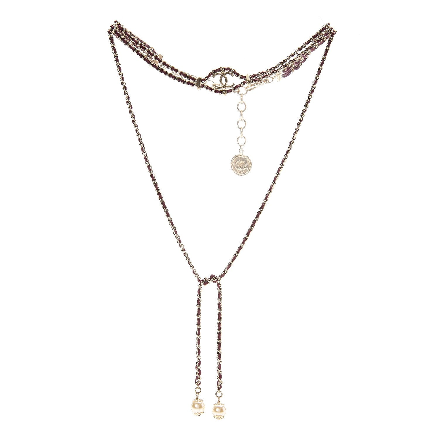 Chanel Calfskin Metal Pearl CC Long Chain Necklace Dark Pink Gold 1 of 7