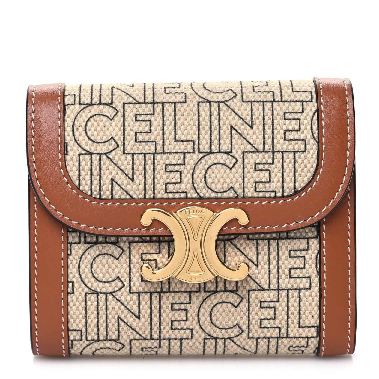 Textile Calfskin All Over Print Small Triomphe Wallet Natural Tan