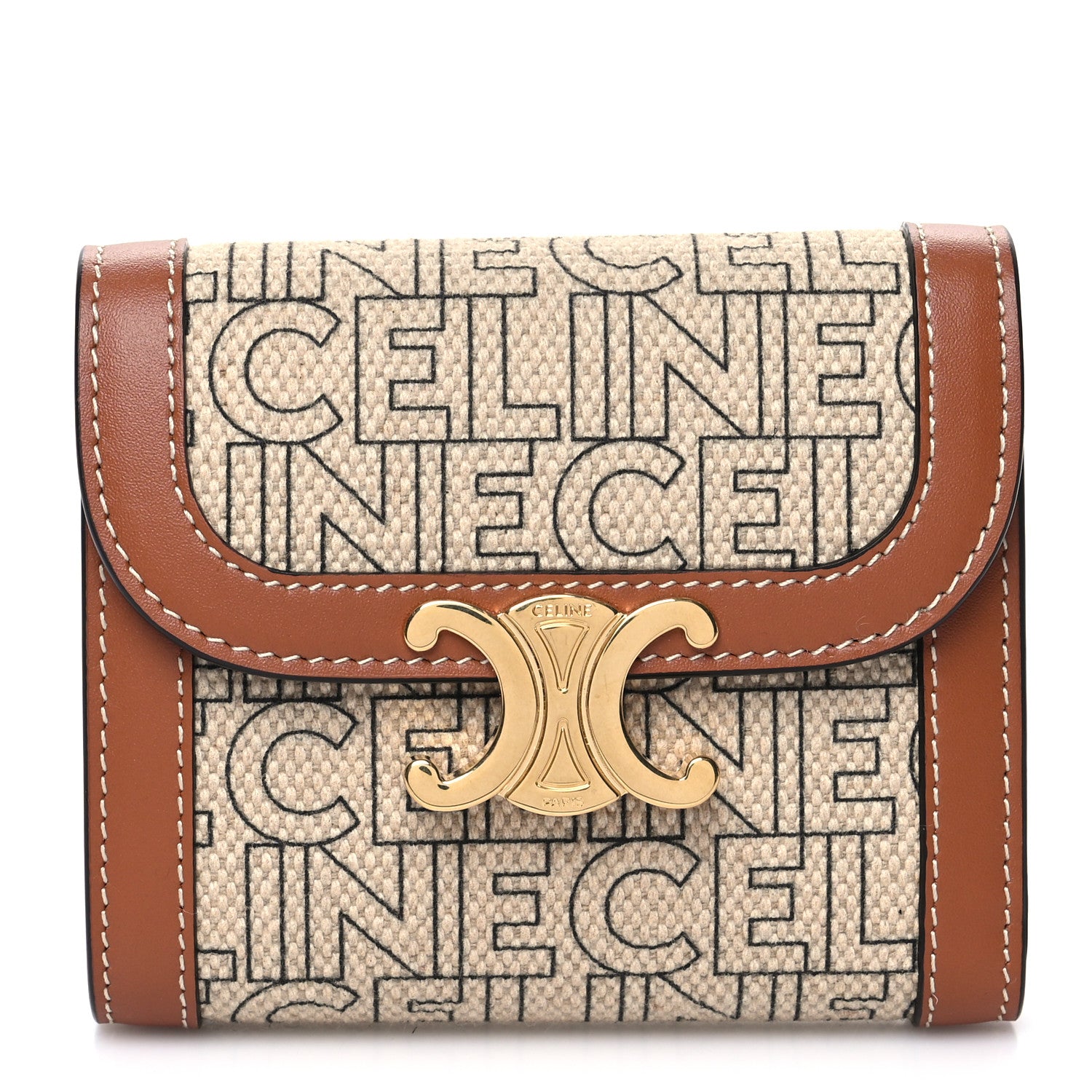 Celine Textile Calfskin All Over Print Small Triomphe Wallet Natural Tan 1 of 11