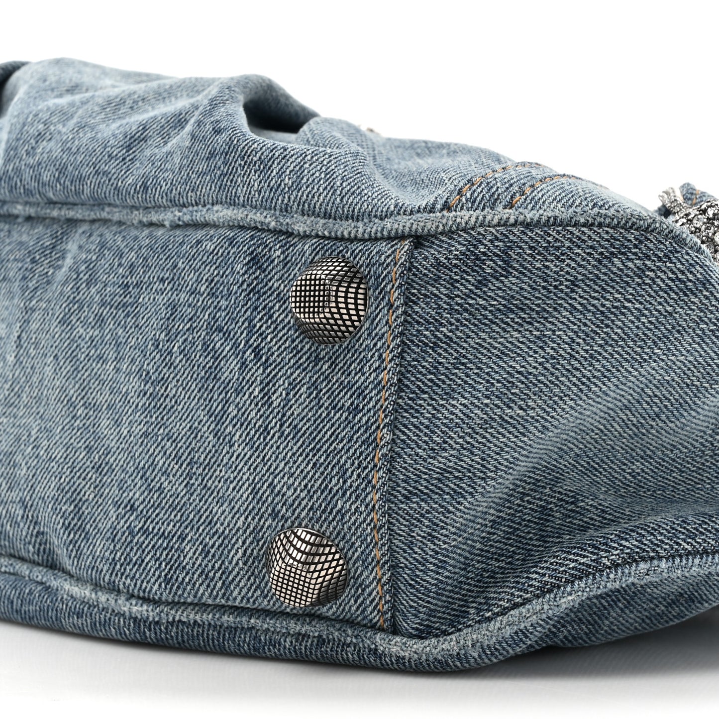 Washed Frayed Denim Crystal Small Le Cagole Shoulder Bag Blue