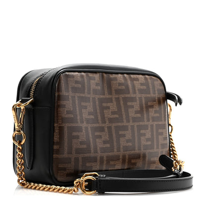 Fendi Glazed Fabric Vitello Century FF 1974 Stamp Patch Camera Case Mogano Panna Black 3 of 10