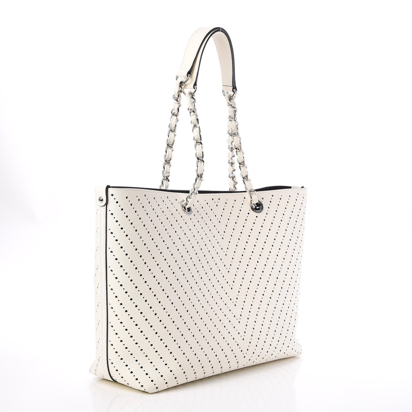 Perforated Grained Calfskin Large Shopping Tote White