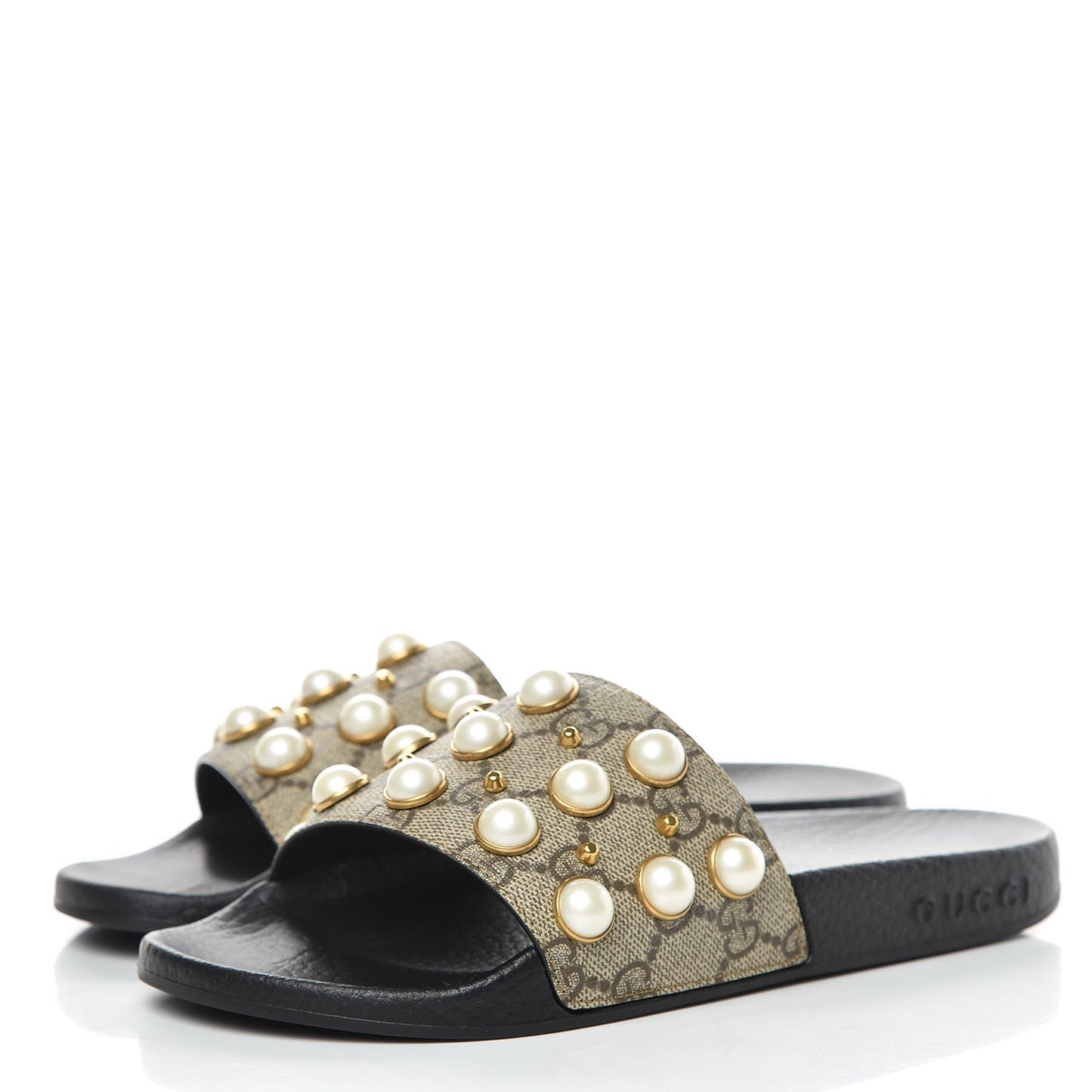 GG Supreme Monogram Pearls Slide Sandals 35 Beige