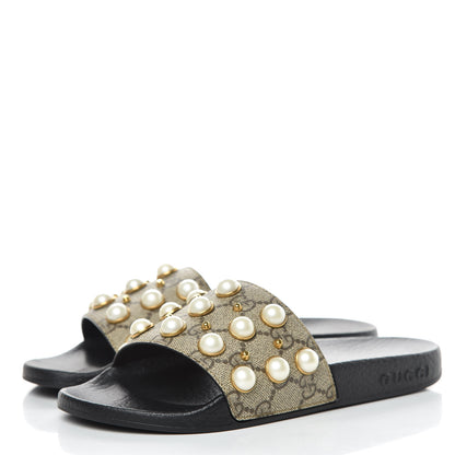 Gucci GG Supreme Monogram Pearls Slide Sandals 35 Beige 3 of 7