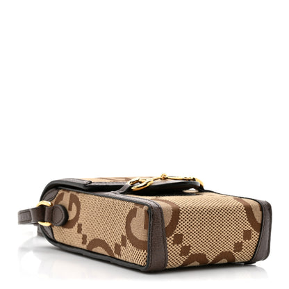 Gucci Monogram Jumbo GG Textured Dollar Calfskin Mini Horsebit 1955 Crossbody Bag Camel Ebony New Acero 4 of 12