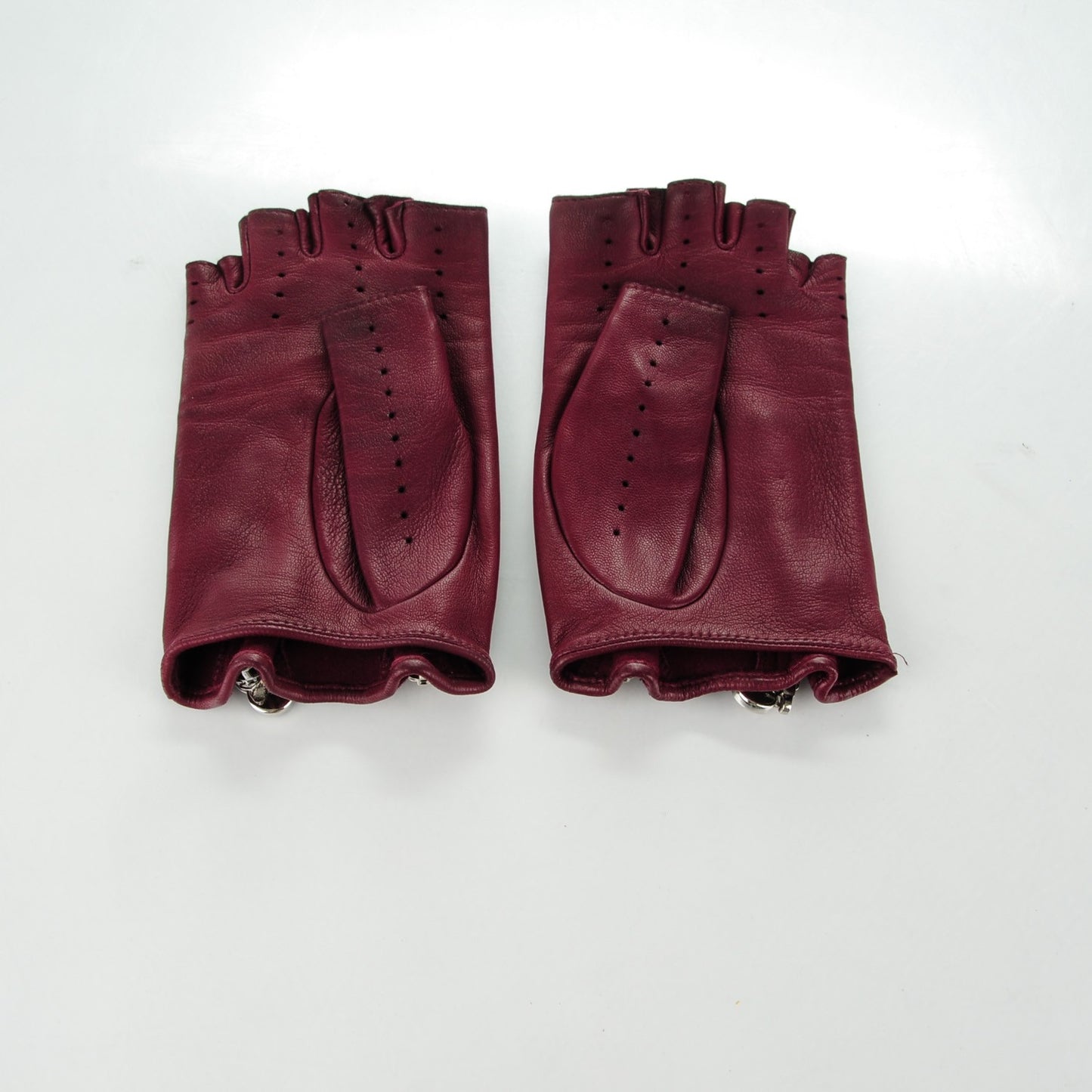 Lambskin Perforated Zipped CC Fingerless Gloves 7.5 Burgundy