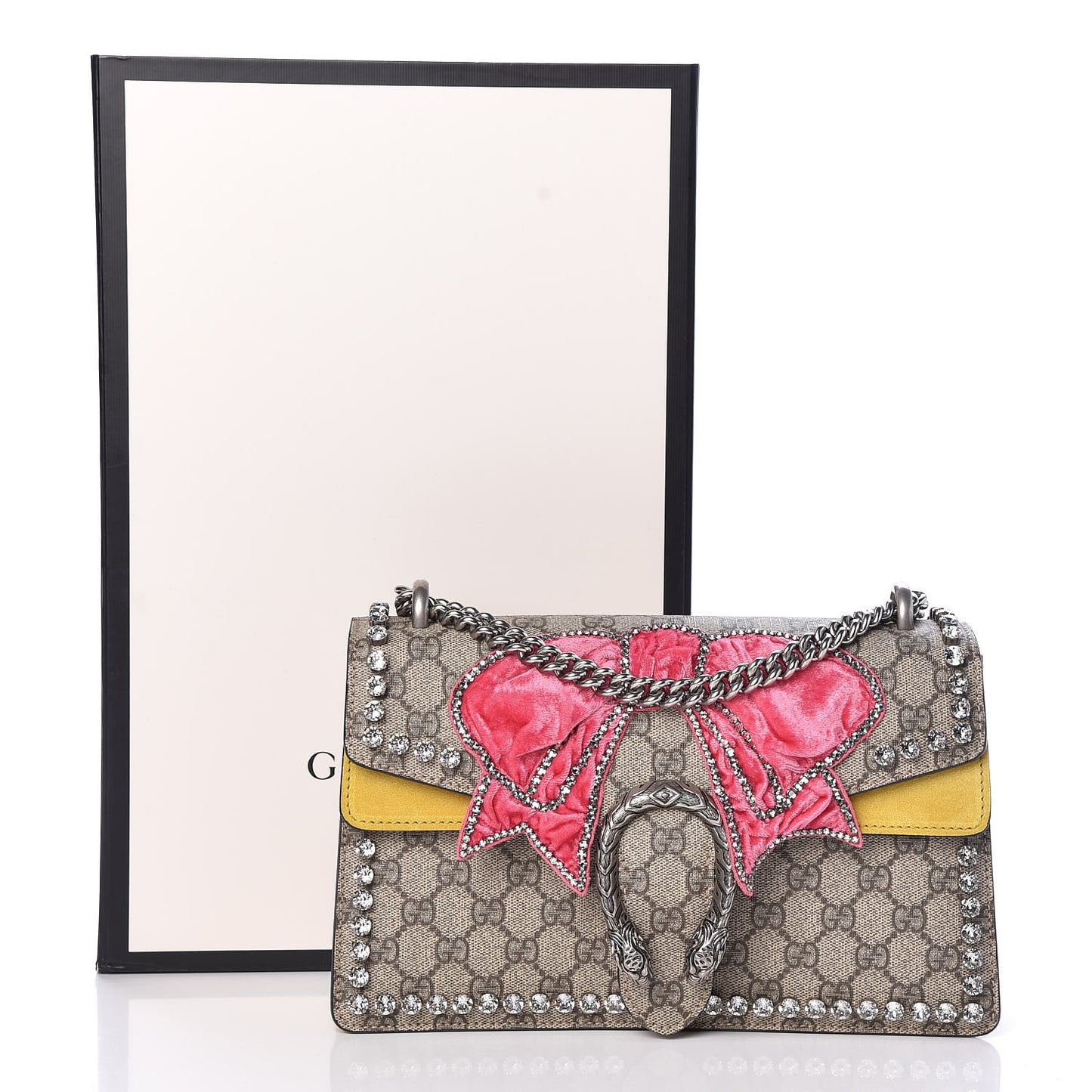 GG Supreme Monogram Crystal Bow Embroidered Small Dionysus Shoulder Bag Yellow