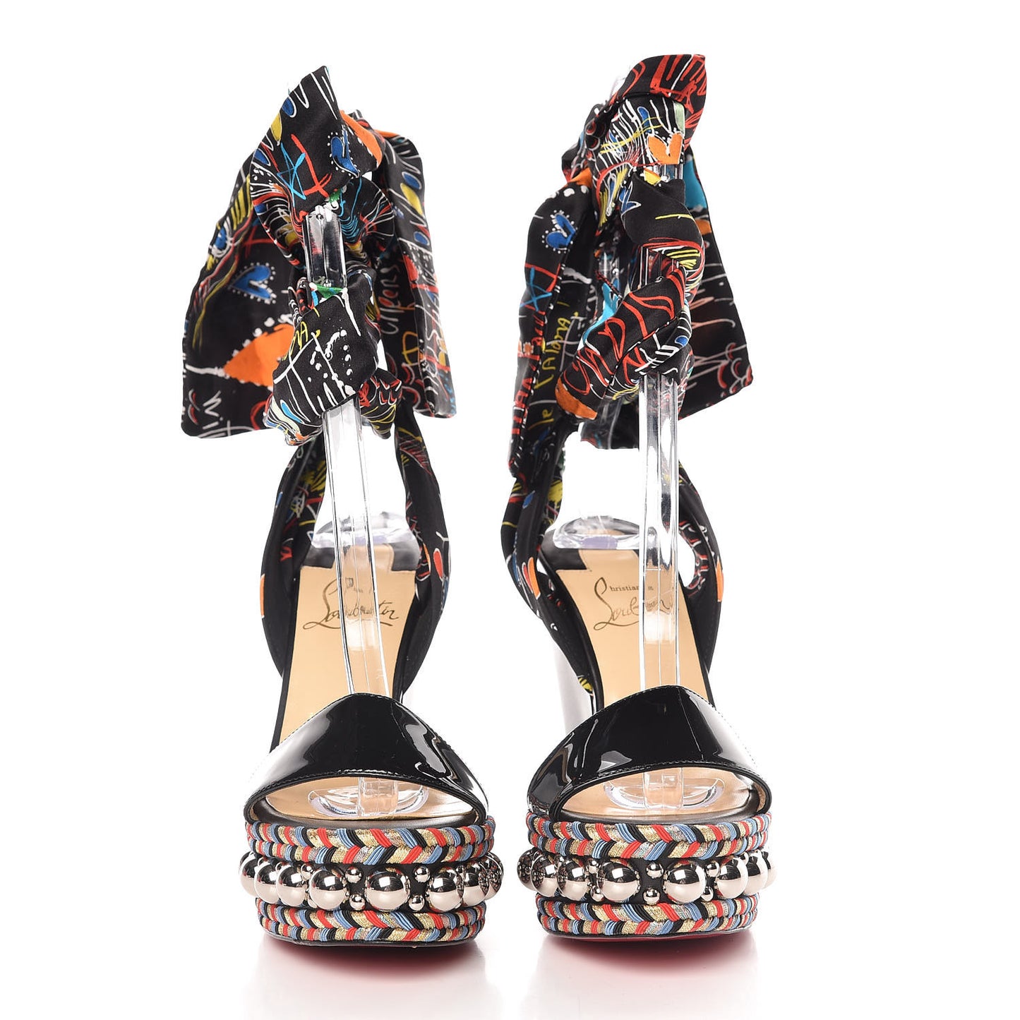 Patent Crepe Satin Loubitag Levantine 120 Wedge Sandals 36 Black