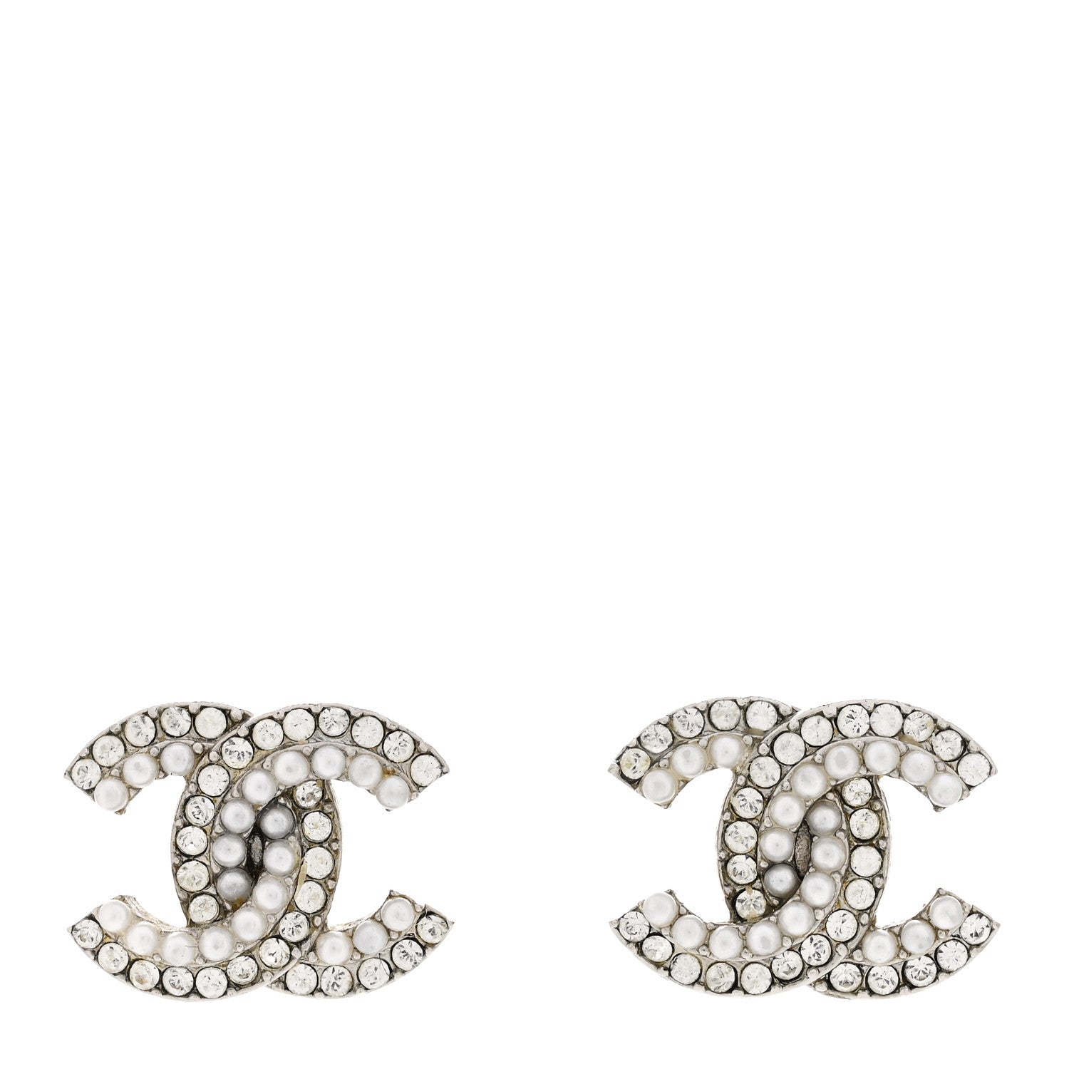 Chanel Pearl Crystal CC Earrings Silver 1 of 5