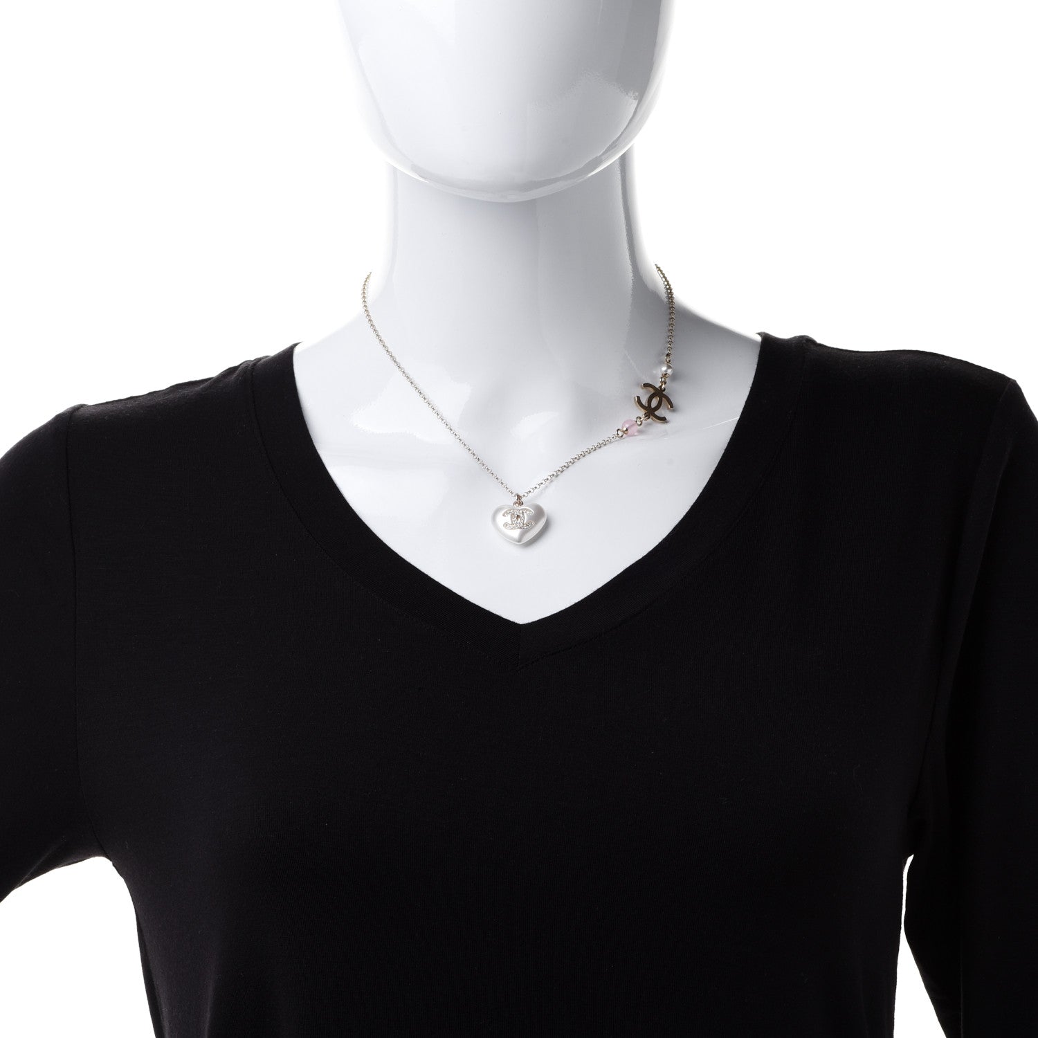 Chanel Resin Crystal CC Heart Necklace Pearly White Gold 2 of 6