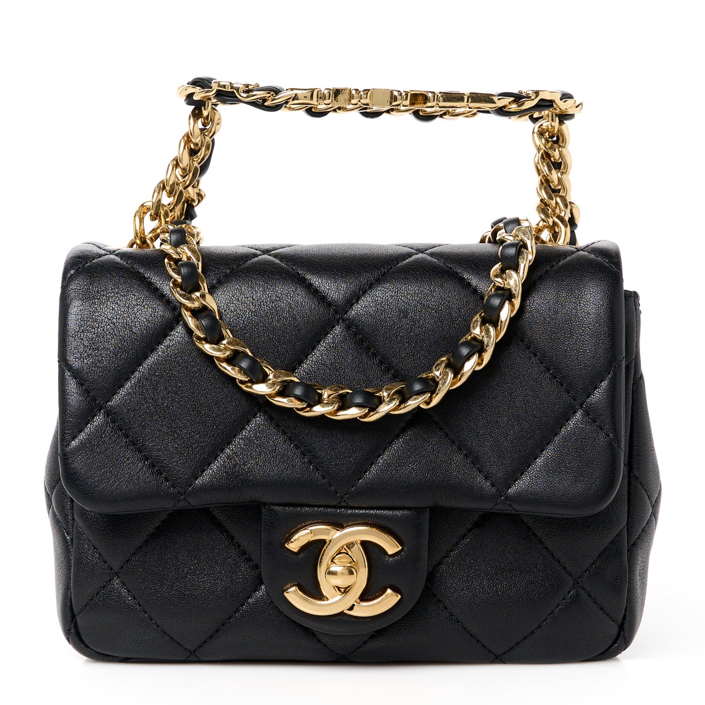 Lambskin Metal Quilted Mini Top Handle Square Flap Black