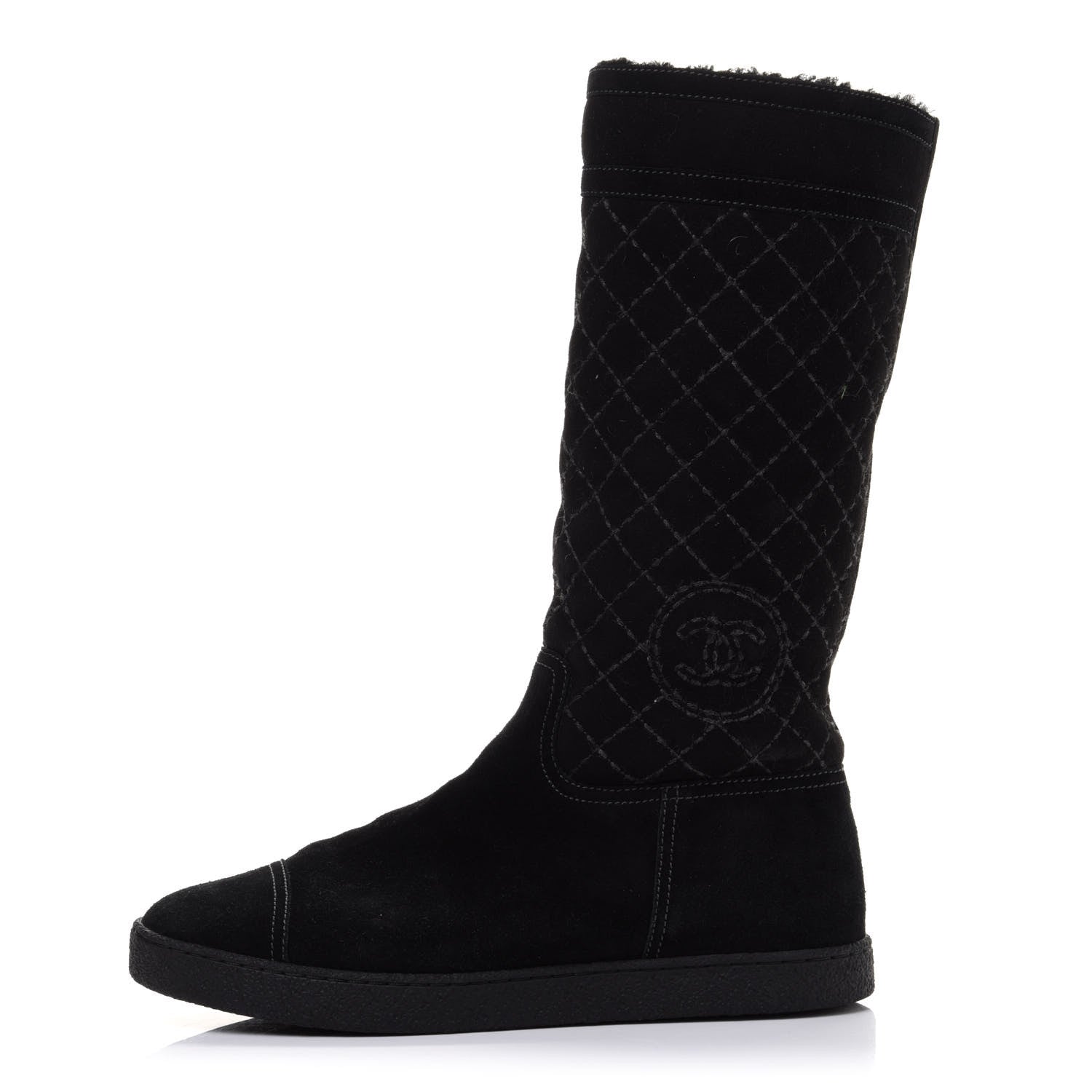 Chanel Suede Quilted Shearling High Boots 40 Black 1 of 12
