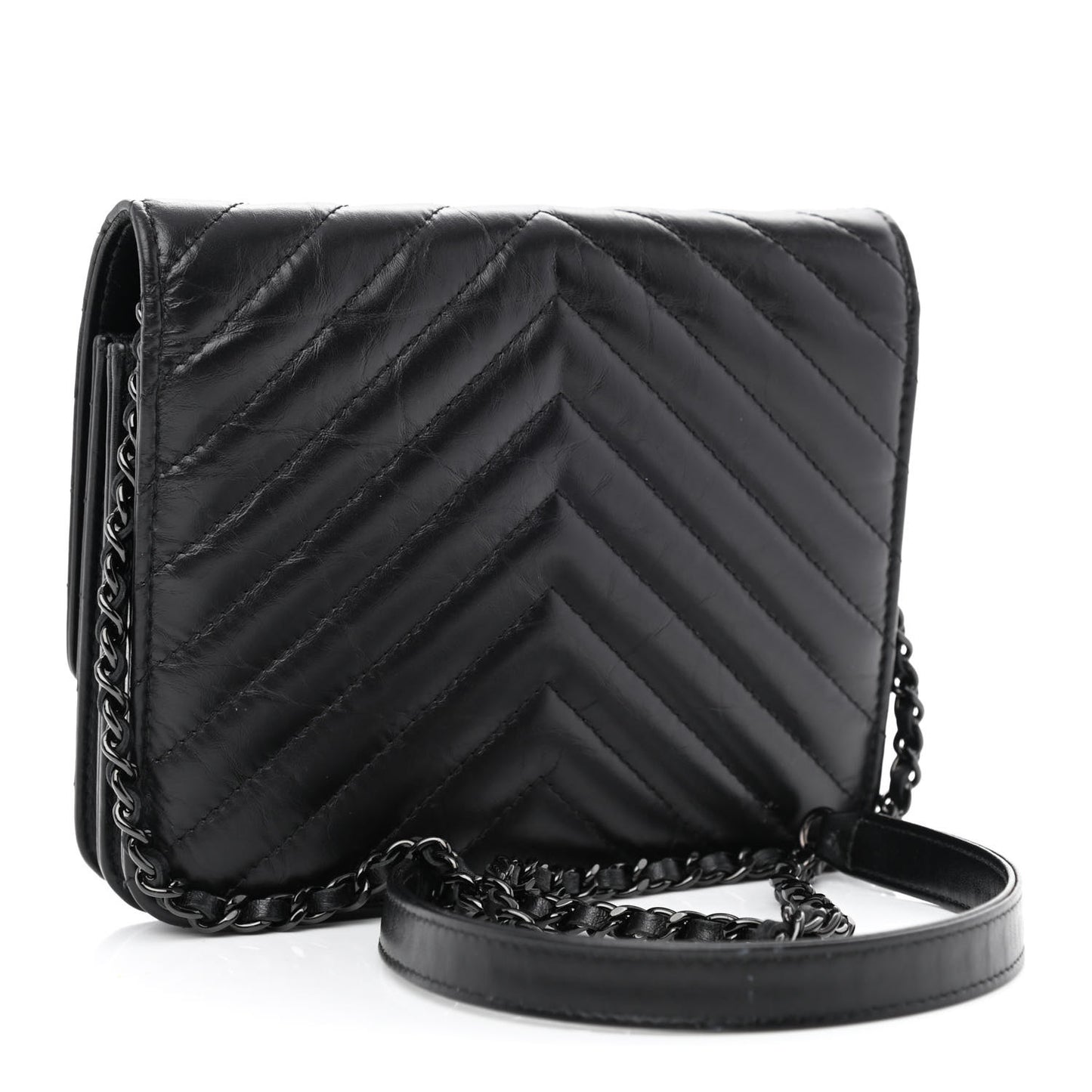 Aged Calfskin Chevron Quilted Reissue 2.55 Square Wallet On Chain WOC So Black