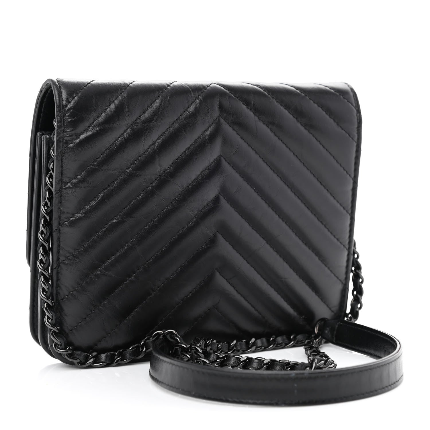 Chanel Aged Calfskin Chevron Quilted Reissue 2.55 Square Wallet On Chain WOC So Black 3 of 11