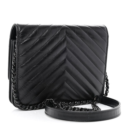 Chanel Aged Calfskin Chevron Quilted Reissue 2.55 Square Wallet On Chain WOC So Black 3 of 11