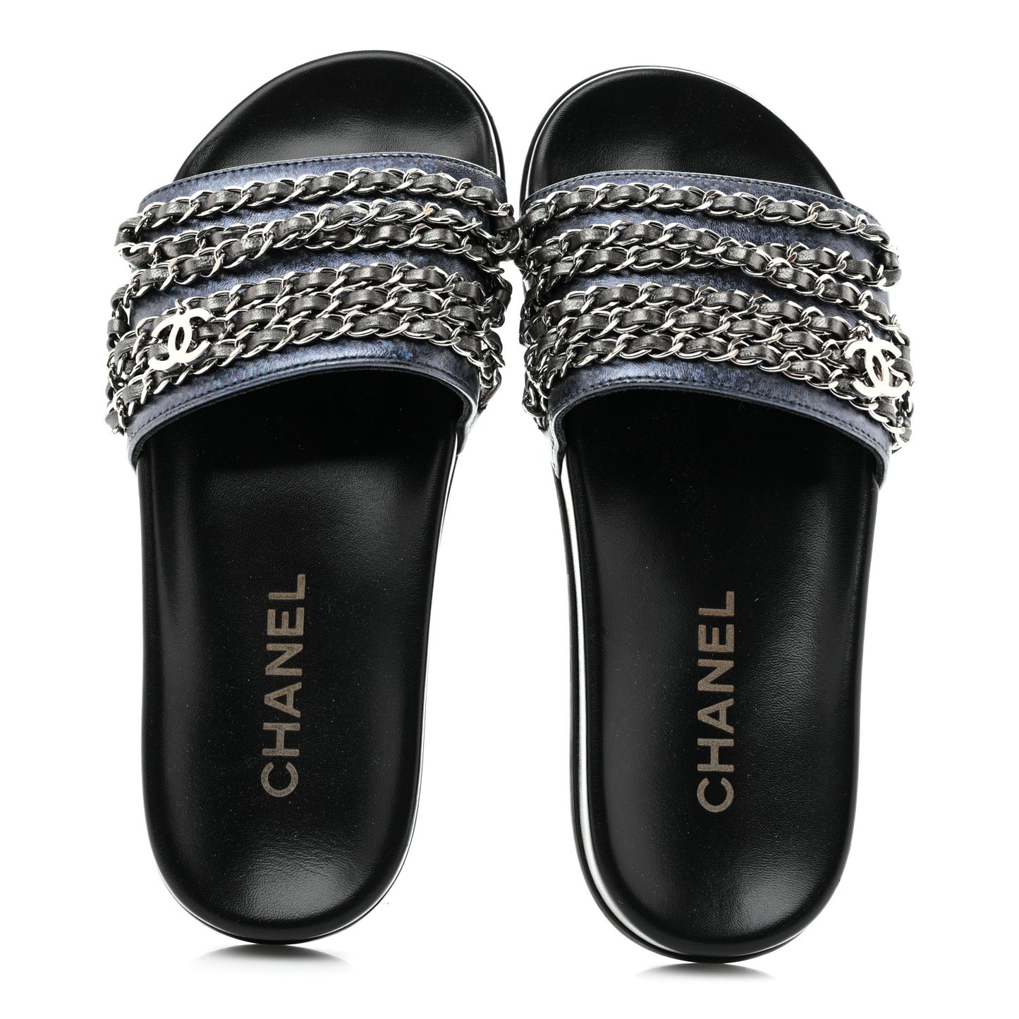 Fantasy Lambskin Chain Slides Sandals Flats 35 Blue