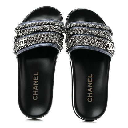 Chanel Fantasy Lambskin Chain Slides Sandals Flats 35 Blue 2 of 10