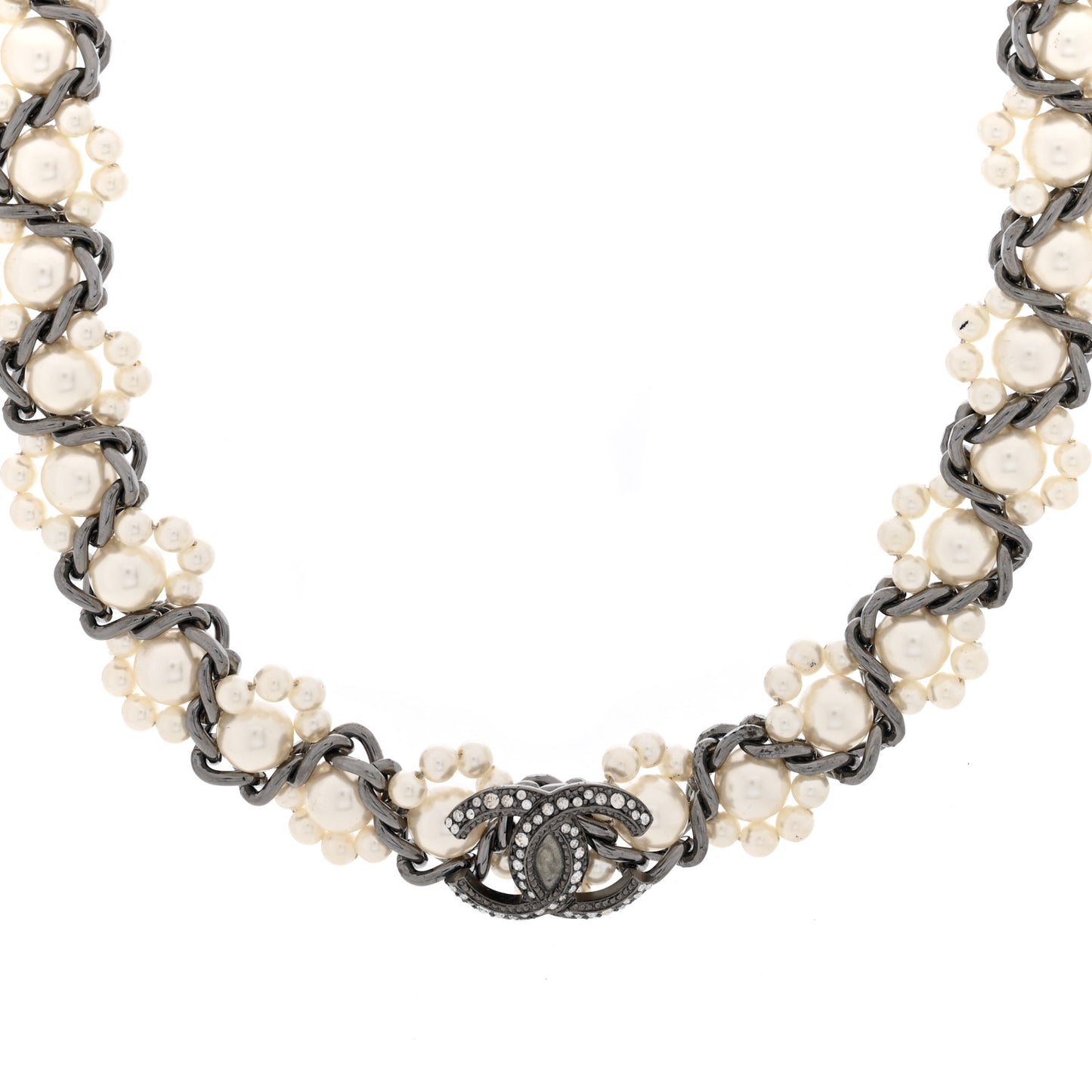 Pearl Crystal CC Choker Necklace Ruthenium