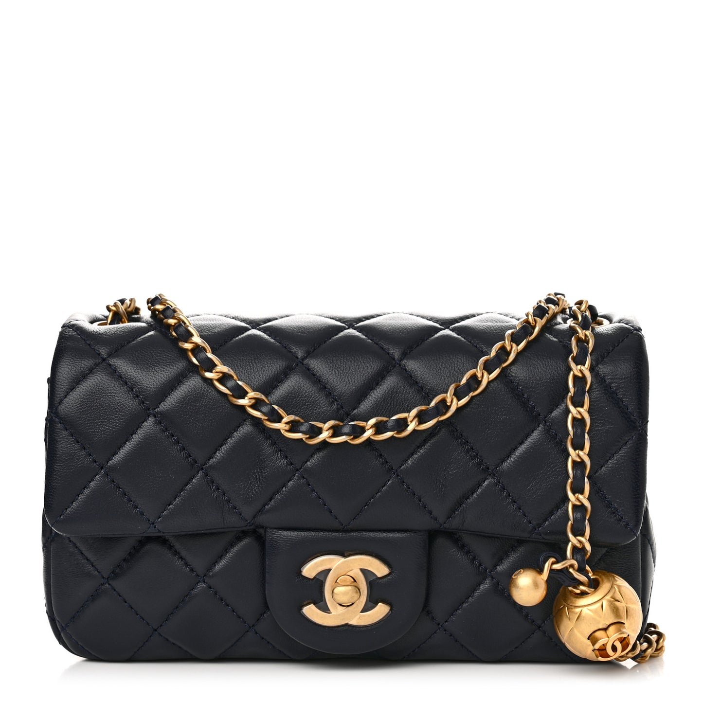 Lambskin Quilted Mini Pearl Crush Rectangular Flap Navy Blue