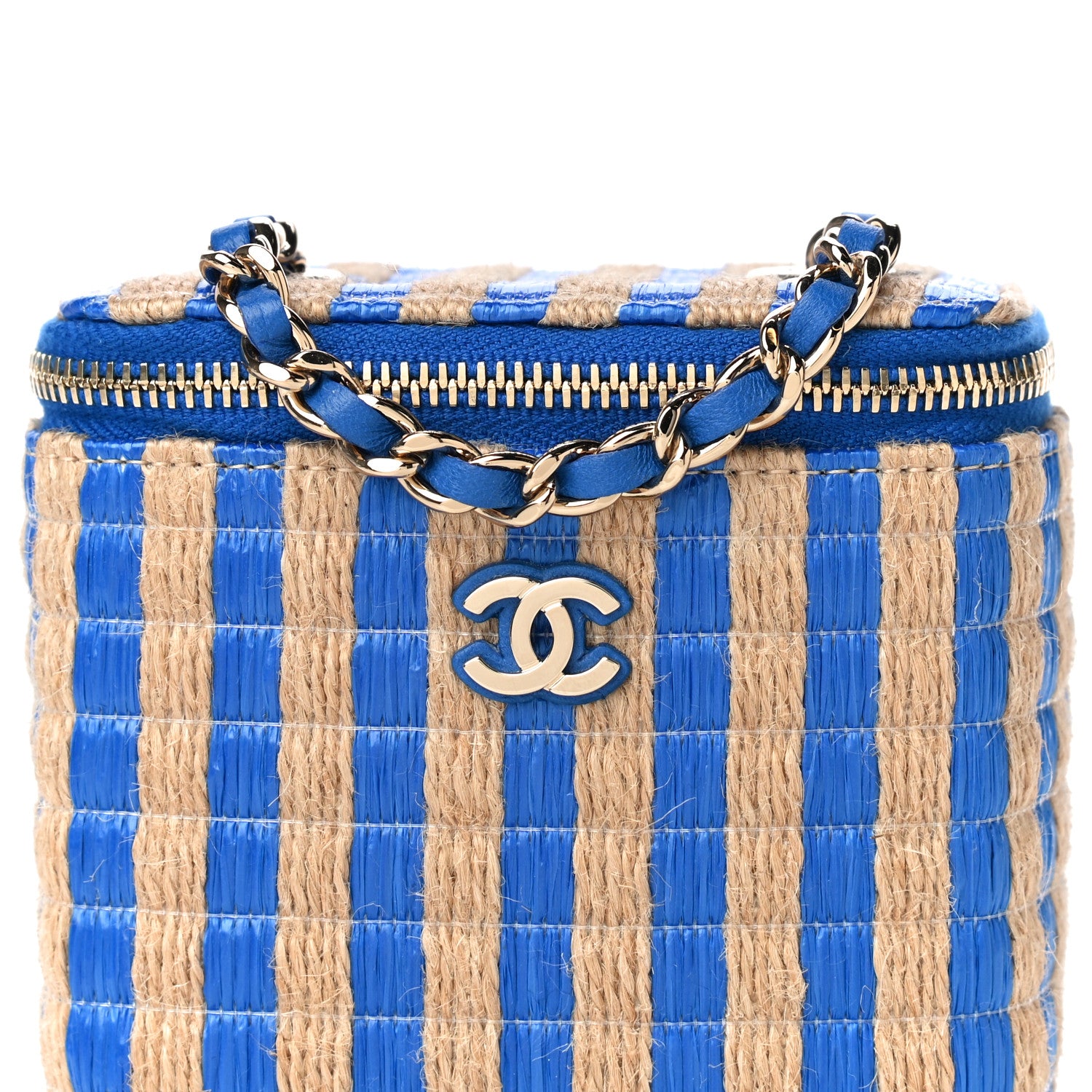 Chanel Raffia Jute Striped Mini Vanity Case With Chain Blue Beige 9 of 11