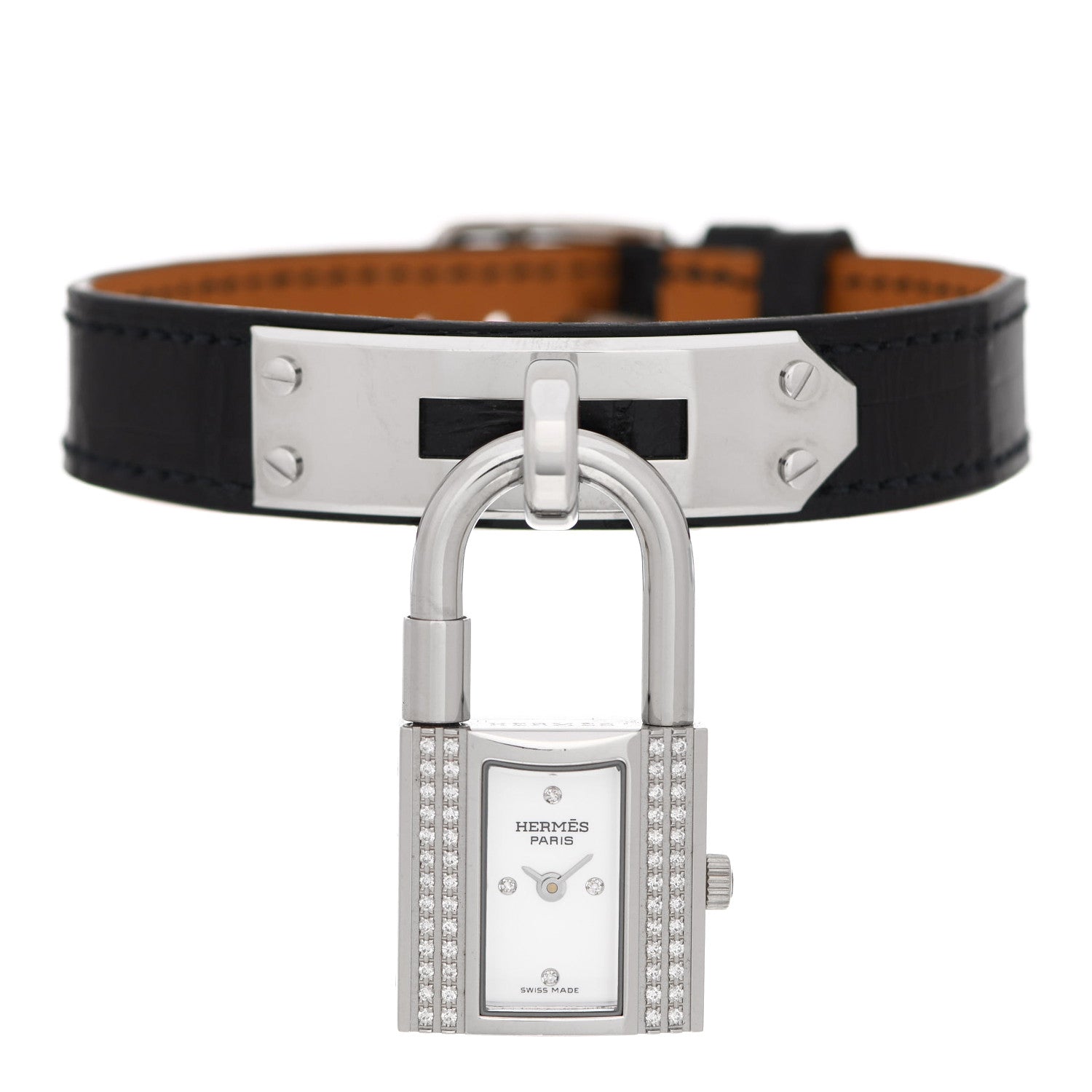 Hermes Stainless Steel Alligator Diamond Mother of Pearl 20mm Kelly Cadena Quartz Watch Noir 1 of 3