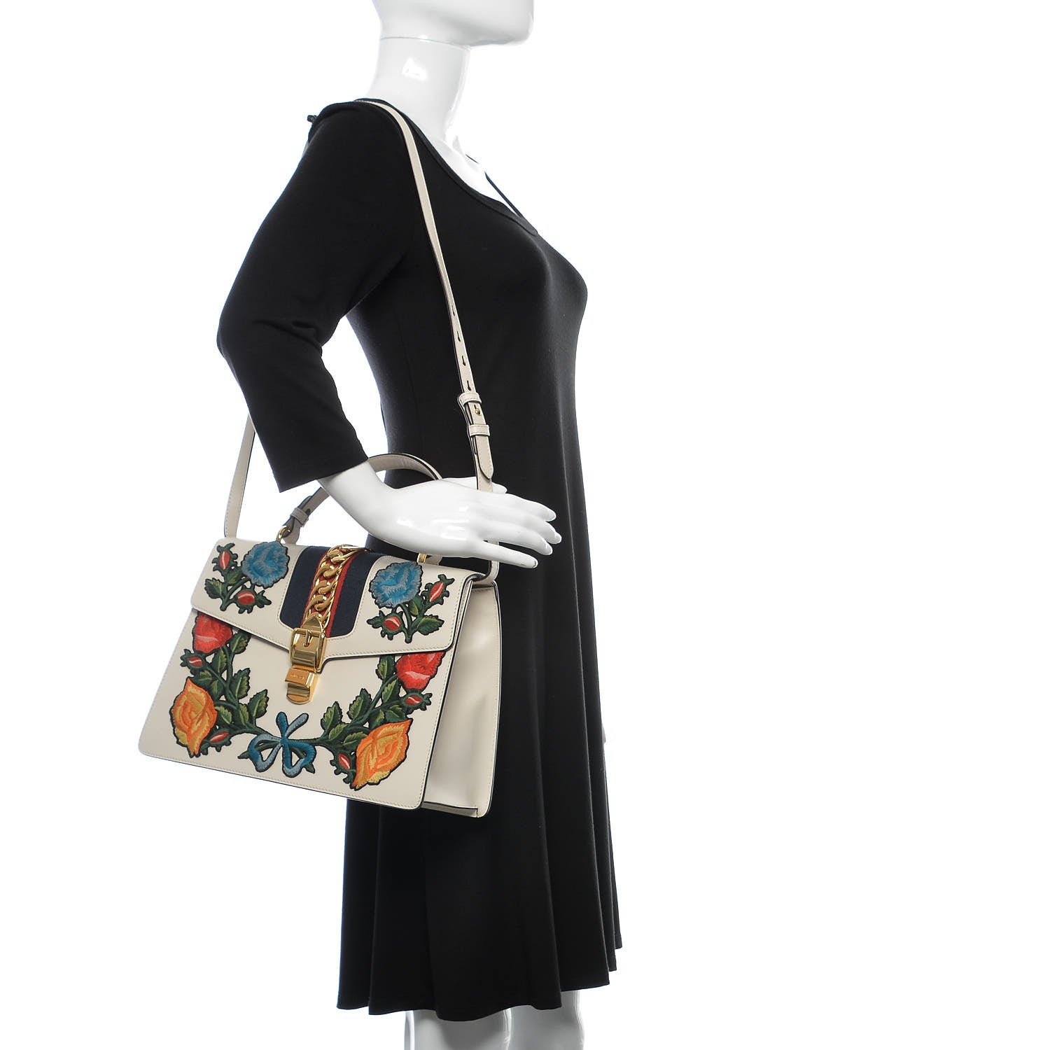 Gucci Calfskin Embroidered Medium Sylvie Top Handle Bag White 2 of 9