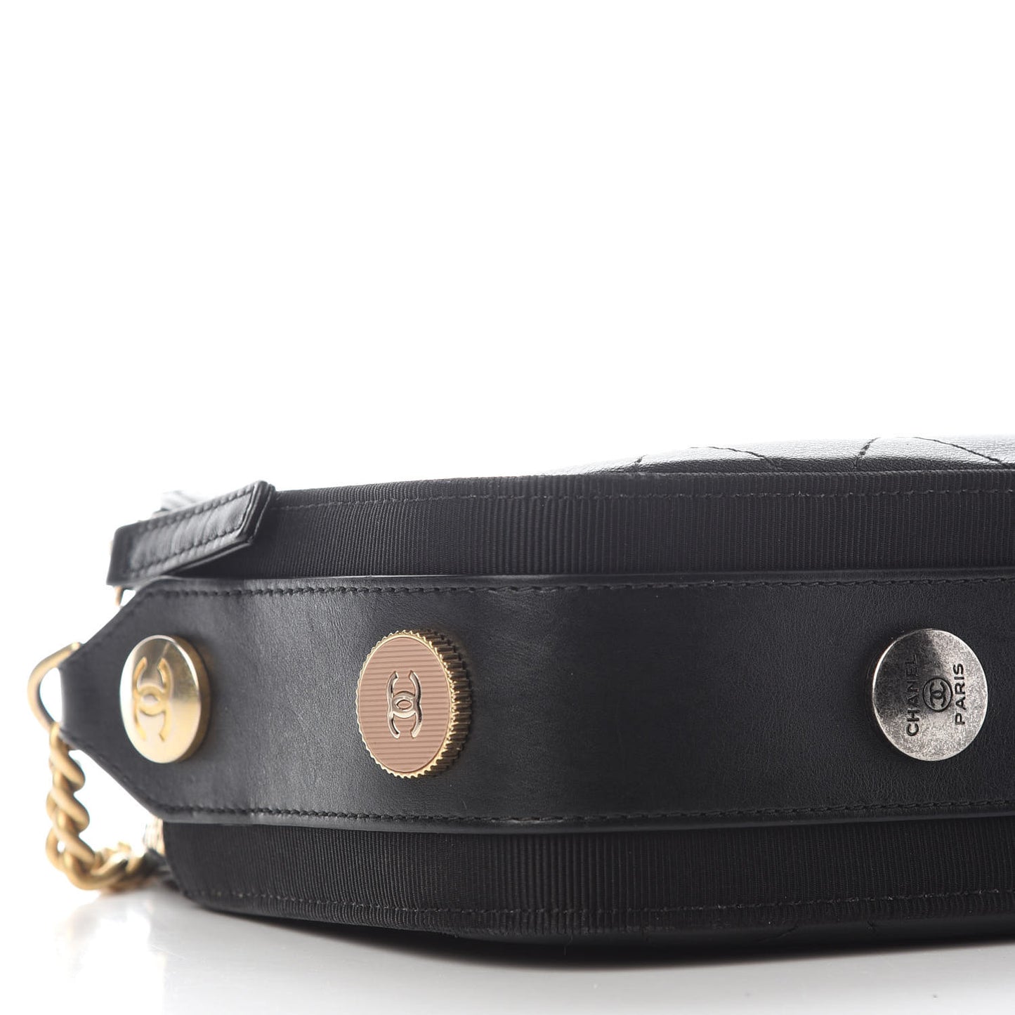 Calfskin Grosgrain Stitched Button Up Camera Case Black