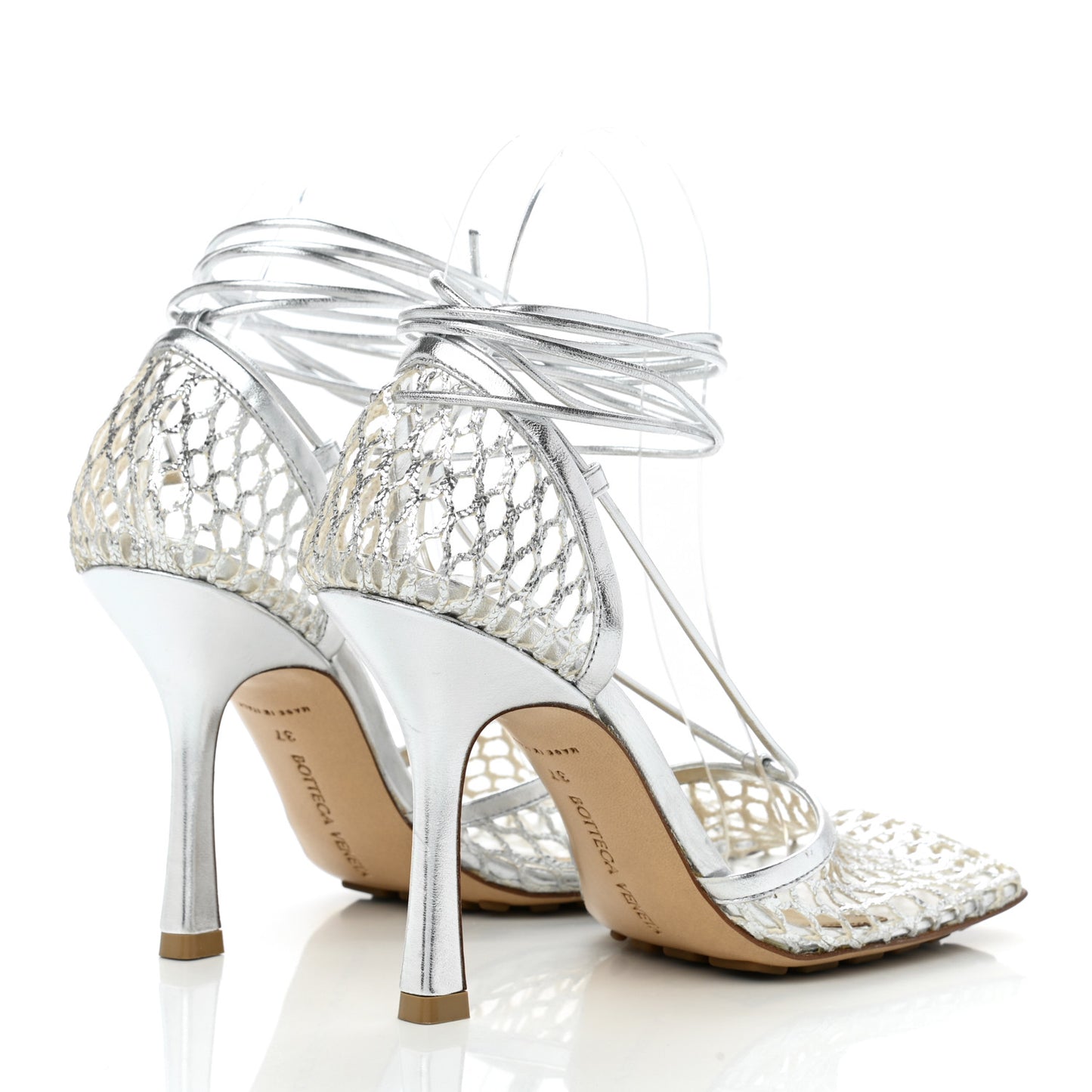 Mesh Metallic Nappa Stretch Ankle Tie Sandals 37 Silver