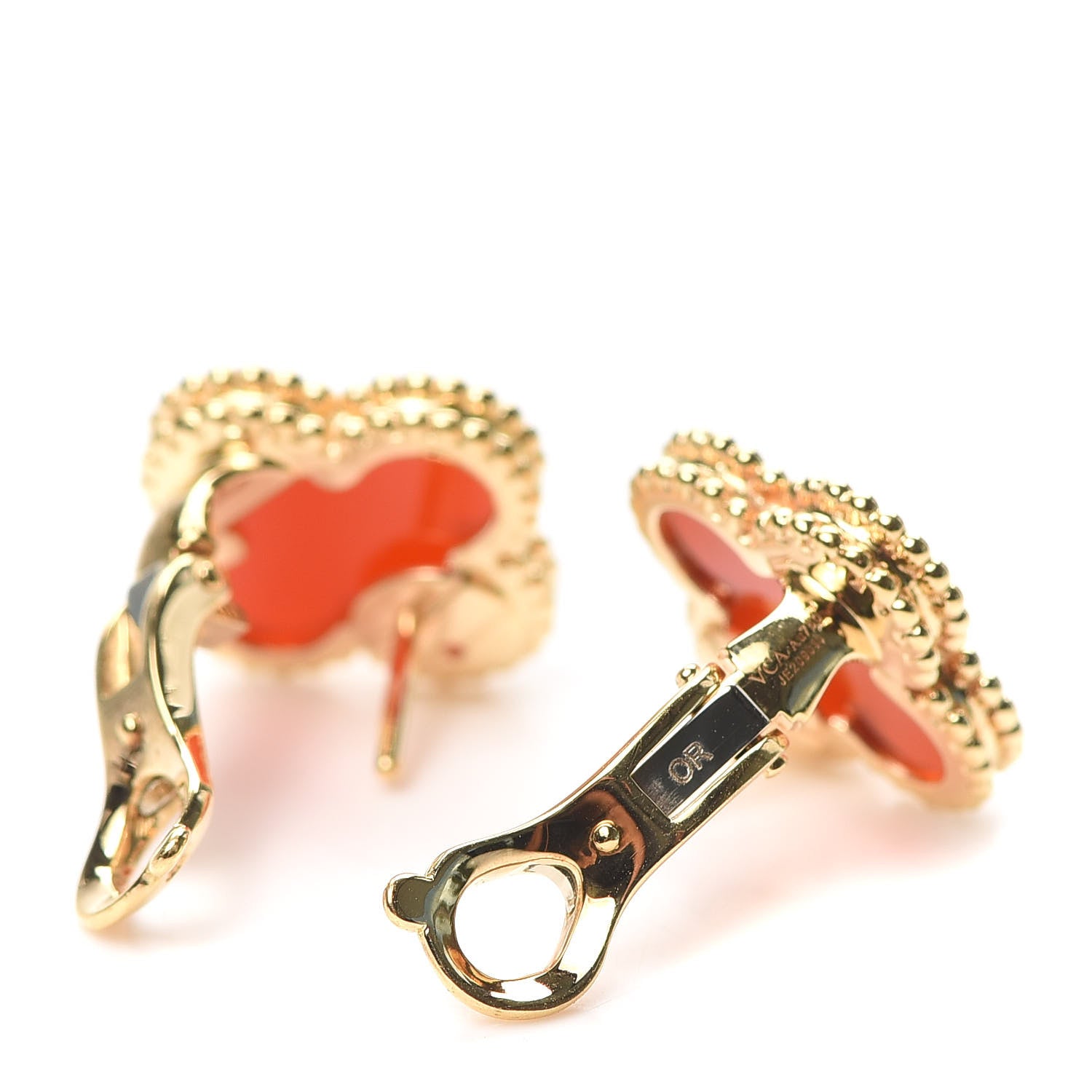 Van Cleef & Arpels 18K Yellow Gold Carnelian Vintage Alhambra Earrings 4 of 4