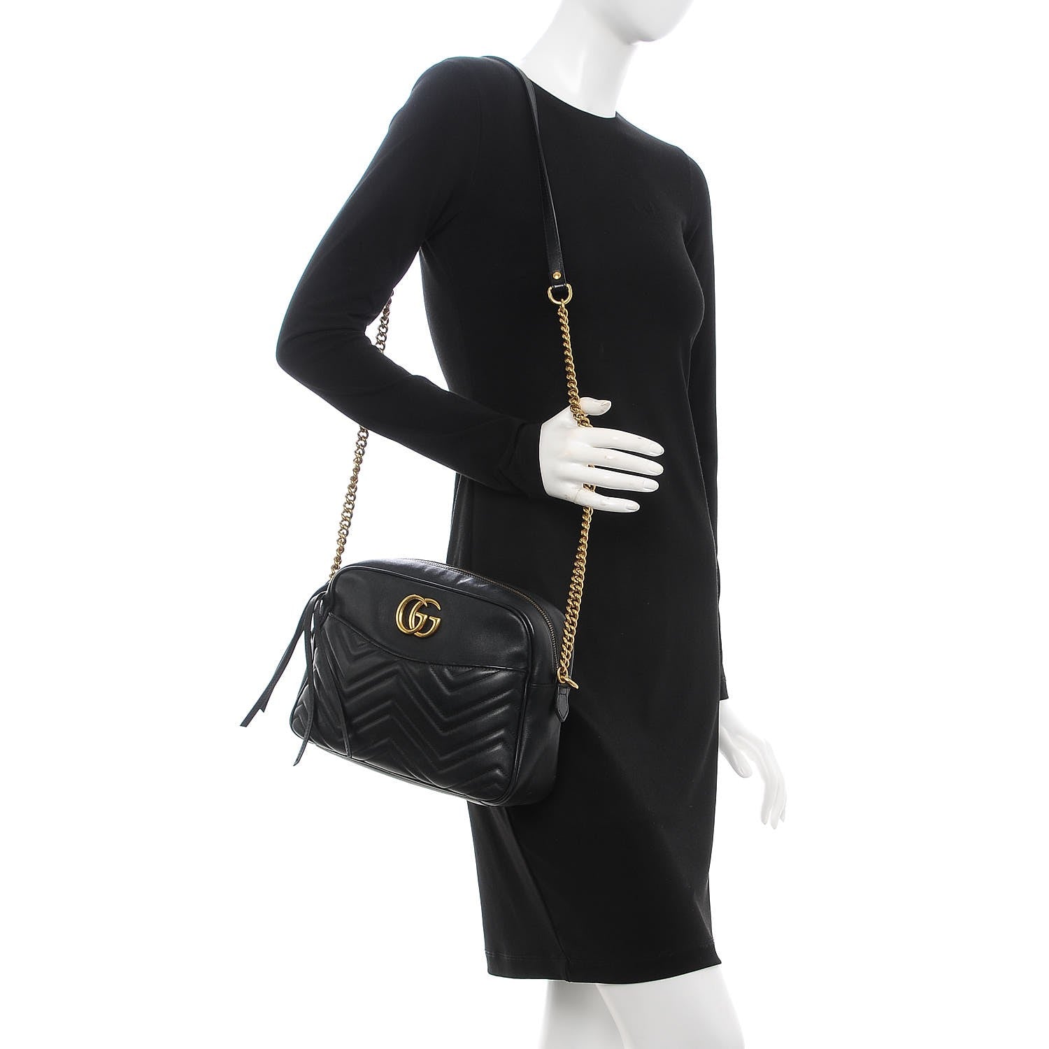 Gucci Calfskin Matelasse Medium GG Marmont Chain Shoulder Bag Black 2 of 8