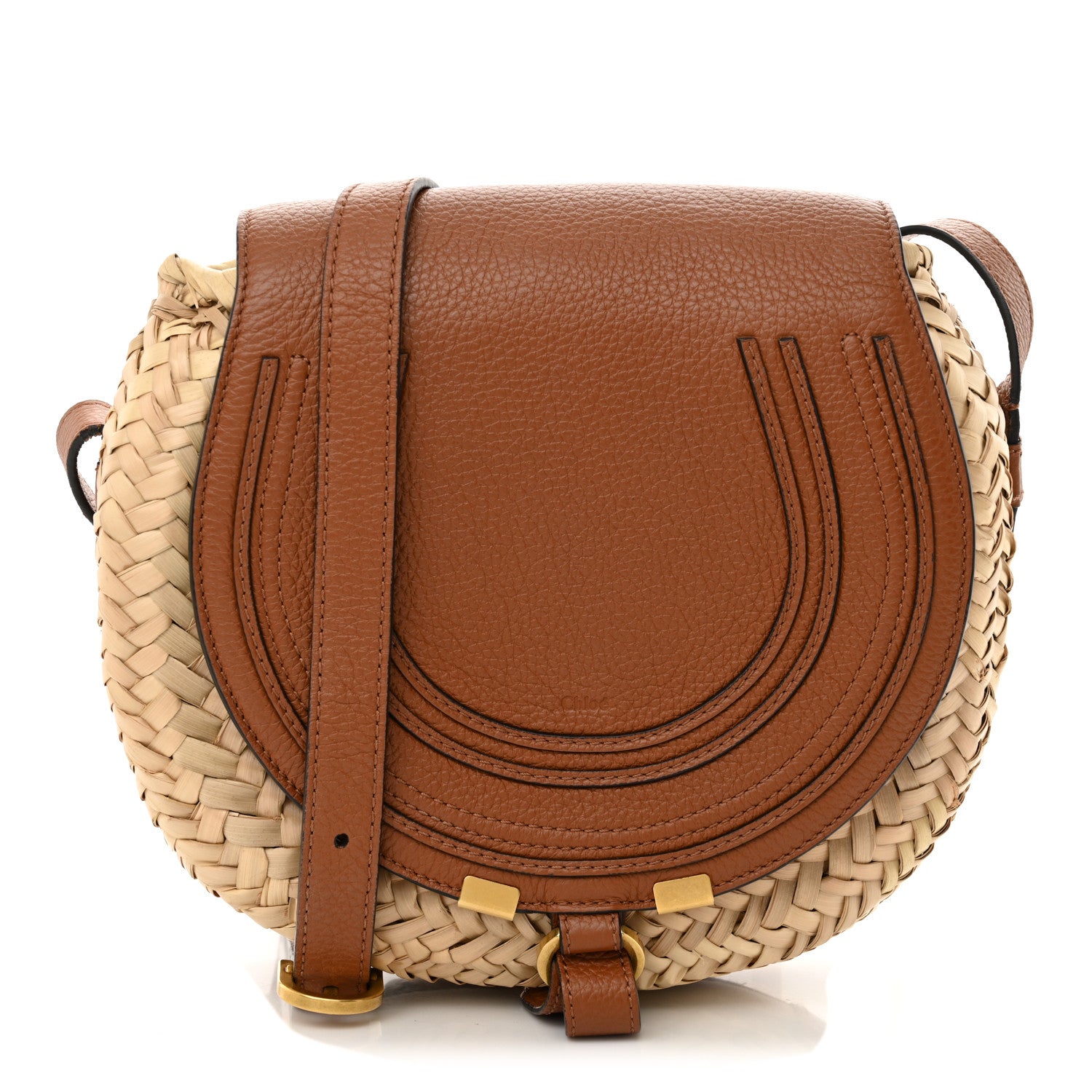 Chloe Raffia Small Grain Calfskin Small Marcie Basket Crossbody Tan 1 of 12