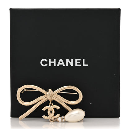 Chanel Pearl Crystal CC Bow Drop Brooch Gold Pearly White 4 of 4