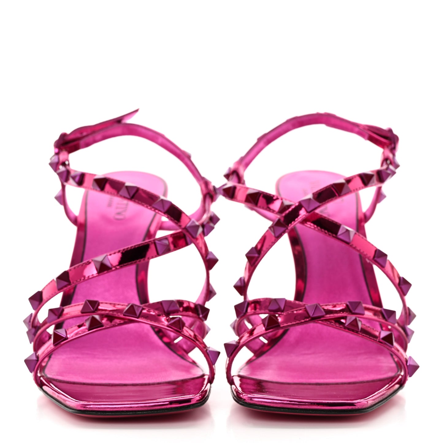 Metallic Calfskin Rockstud Ankle Strap 100mm Sandals 39 Pink