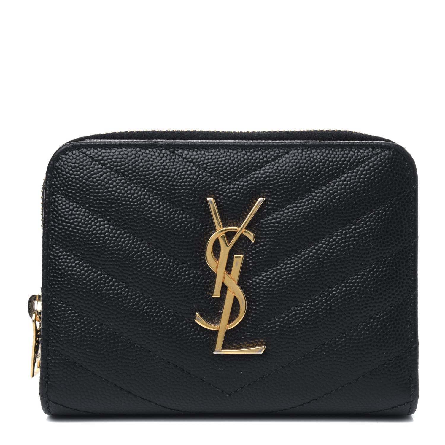 Saint Laurent Grain De Poudre Matelasse Chevron Monogram Compact Zip Around Wallet Black 1 of 5