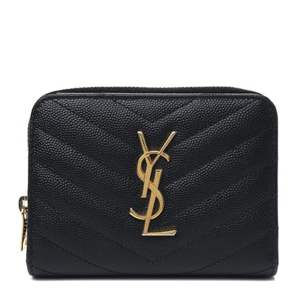 Saint Laurent Grain De Poudre Matelasse Chevron Monogram Compact Zip Around Wallet Black 1 of 5