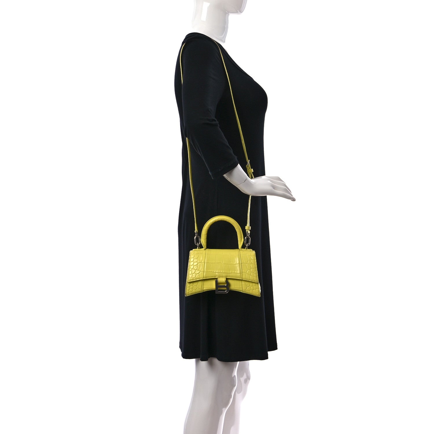 Balenciaga Shiny Calfskin Crocodile Embossed Hourglass Top Handle Bag XS Light Yellow 3 of 9